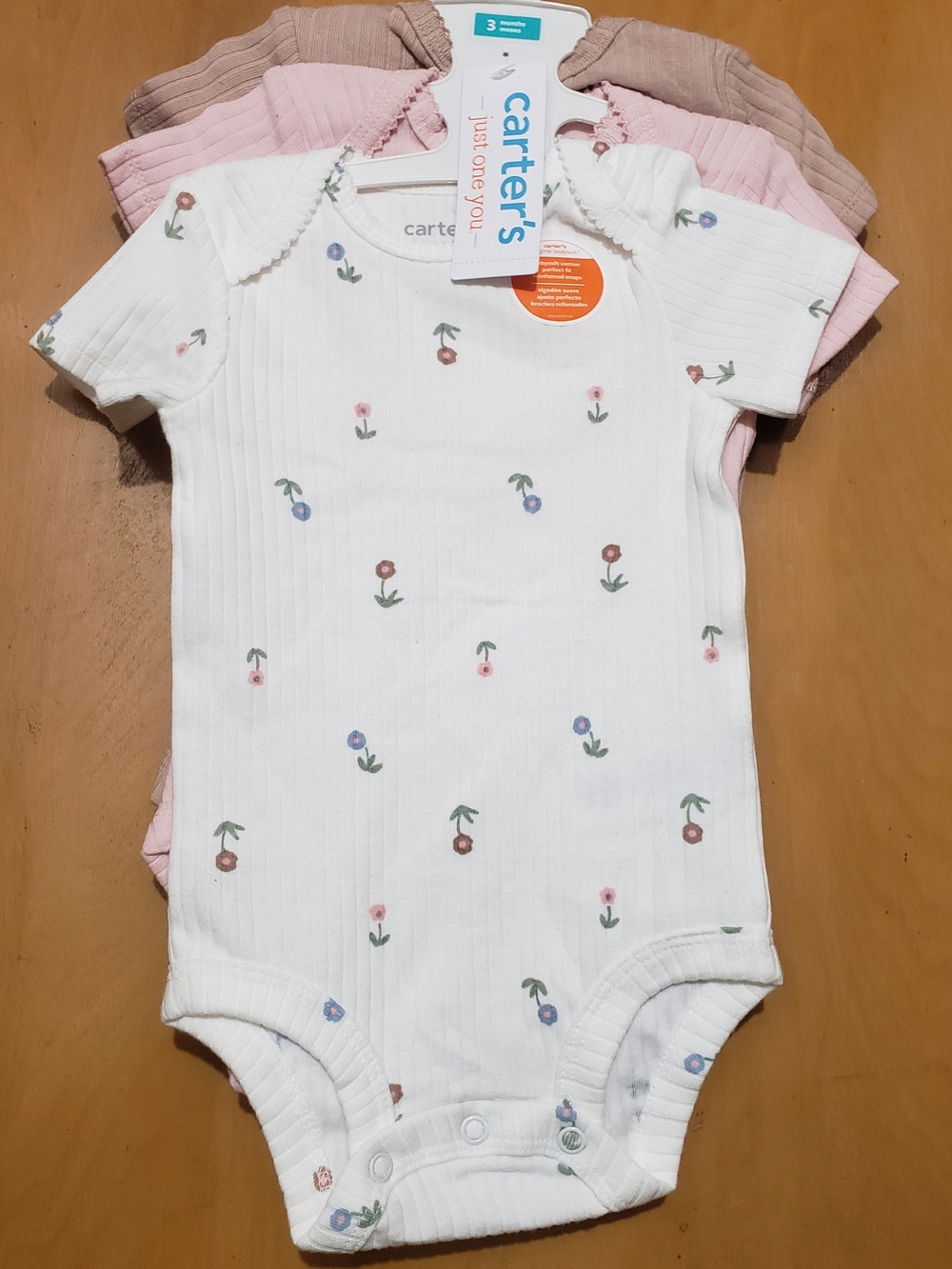 Carter's White Floral, Pink And Brown Ribbed Baby Bodysuits (3-Pack)